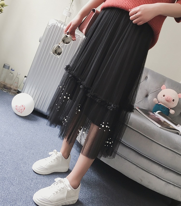 3129.おしゃれカジュアルチュールロングスカート（ブラック）