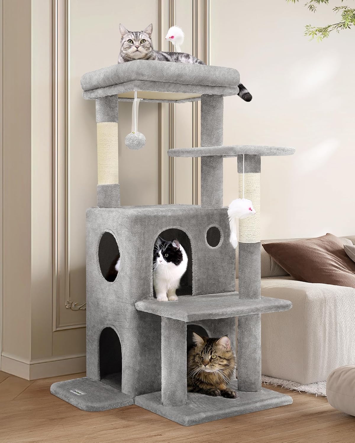 Globlazer キャットタワー スリム コンパクト 猫タワー 大型猫 成猫 据え置き 置き型 省スペース キャットハウス 見晴台 人気 天然麻紐の爪研ぎ棒 シンプル ポンポン おもちゃ