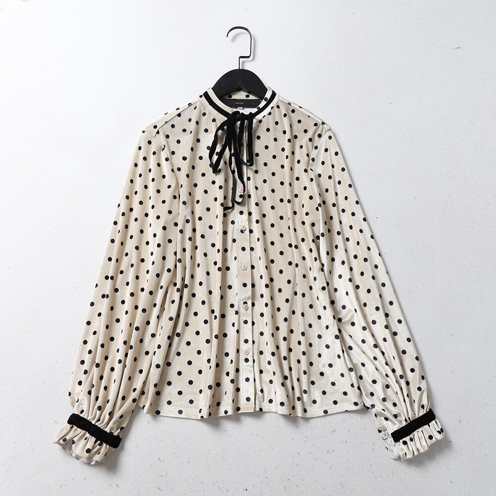 ドット柄 トップス シャツ ブラウス レディース 冬 春 秋 かわいい カジュアル 長袖 襟なし ノーカラー 裾イン リボン 白 ホワイト モノトーン S M L XL 小さいサイズ 大きいサイズ か