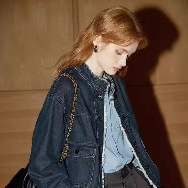 水洗いデニムジャケット女性202年秋冬新作レトロフリンジ立襟上着