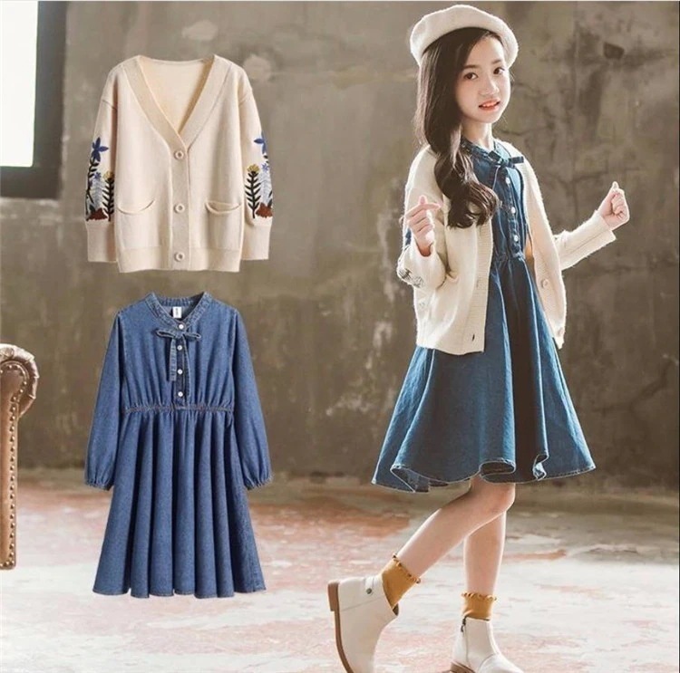 可愛い 子供服 baby服 流行のキッズ服 セーター カーディガン+デニム スカート kid