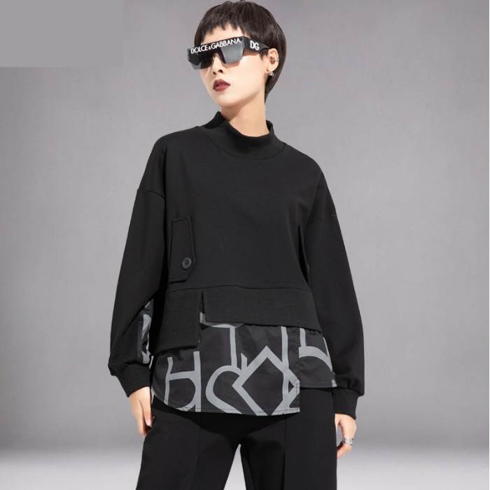 大人気 上品 カットソー プルオーバー ロンT トレーナー 黒 長袖 重ね着風 スタンドカラー 幾何学模様 個性的 大人 かっこいい おしゃれ カジュアル トップス レディース ブラック コーデ ルー