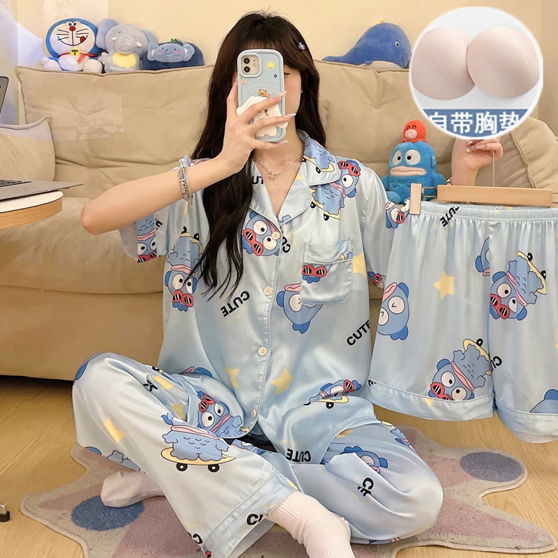 カクレクマノミ パジャマ 女性用 夏用 アイスリボン 胸パッド ワンピース 半袖 かわいい 3点セット 夏用 涼しい アウター
