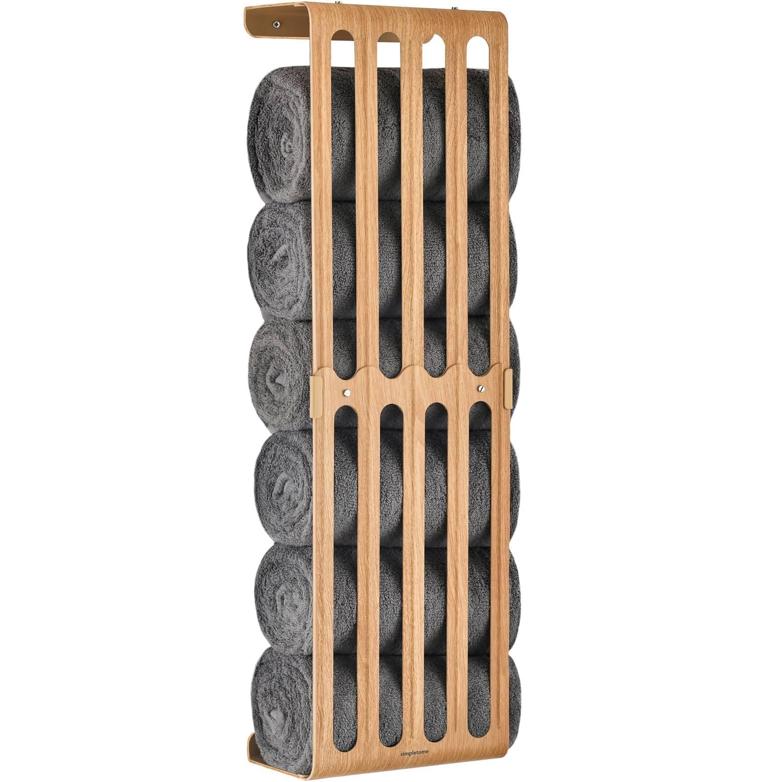 simpletome バスタオル 収納 タオルラック高さ調節可能 壁掛け式 バスルーム 棚 オーガナイザー カーボンスチール (ブナ材)
