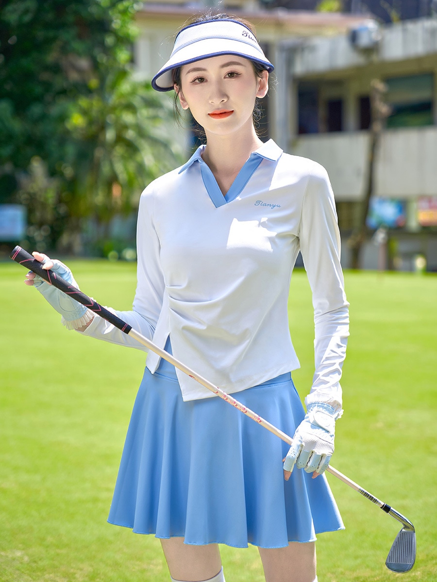 ゴルフウェア レディース 女性 スポーツウェア ゴルフシャツ 長袖 Tシャツ Vネック トップス 単品 白 ブルー グリーン 速乾 春 夏 秋冬 大きいサイズ 韓国風 INS おしゃれ