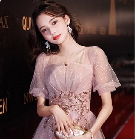 イブニングドレス フレア ロングスカート ロング マキシ 丈長 半袖 5分袖 ラメ感 Aライン 背中開き ウエストマーク 透け感 きれいめ おしゃれ かっこいい ガーリー クール エレガント 主役級