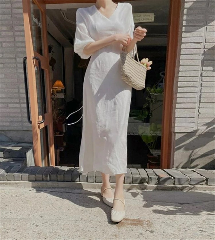 Vネック ロングワンピース レディース ワンピース ライトブルー ホワイト フェミニン 夏 薄手 フランス エレガント ロングスカート