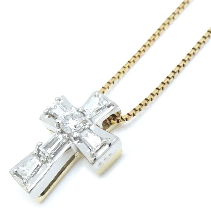 ダイヤモンド クロス ネックレス ダイヤモンド0.30ct K18YG イエローゴールドxPt900プラチナ /75880【中古】