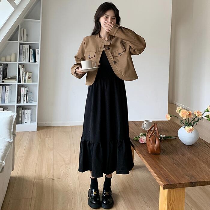 セットアップ レディース ジャケット ワンピース 長袖 キャミワンピ ティアード 2点セット エレガント カジュアル きれいめ フェミニン ミモレ丈 大人 可愛い 楽ちん おしゃれ シンプル ブラウン