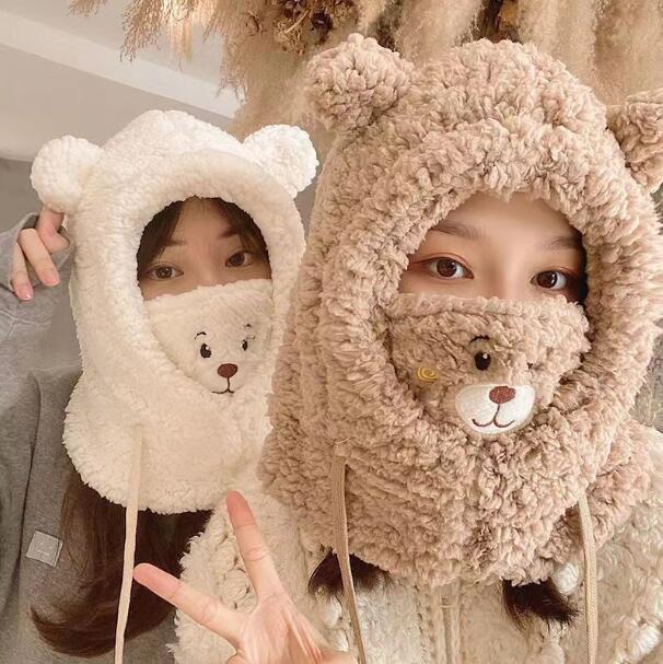 【20点セット】【急速出荷】かわいいクマのマスク一体帽子女性自転車保温防風クマの帽子マフラーマフラー