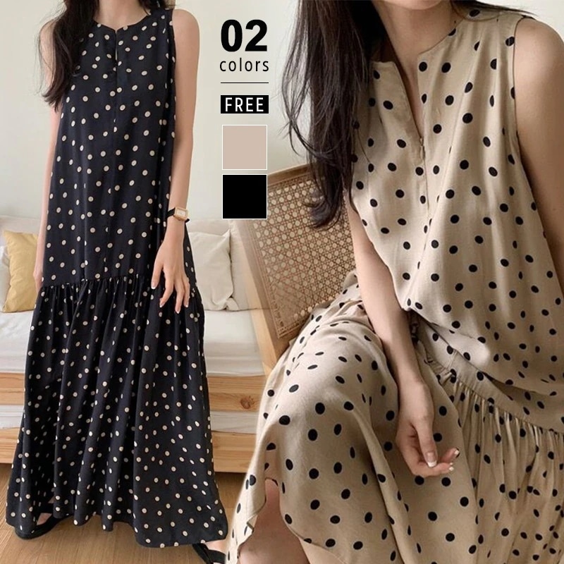 【迅速な出荷】ワンピース ドット レディース ノースリーブ ティアード ロングワンピース ノースリーブワンピース ドット柄 水玉 ロング マキシ ゆったり 体型カバ
