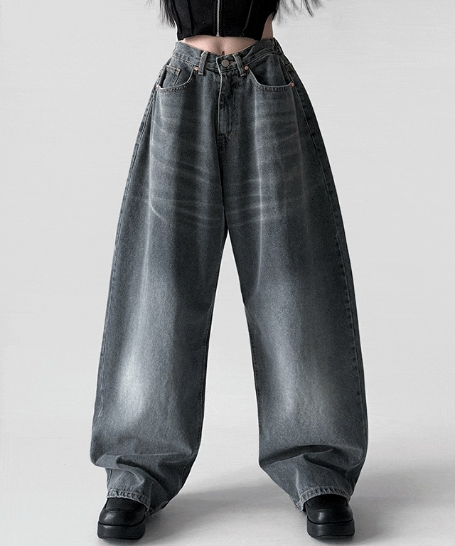 [後ろバンディング] クォーター マキシ ワイド ウォッシング キャットブラシ デニム パンツ
