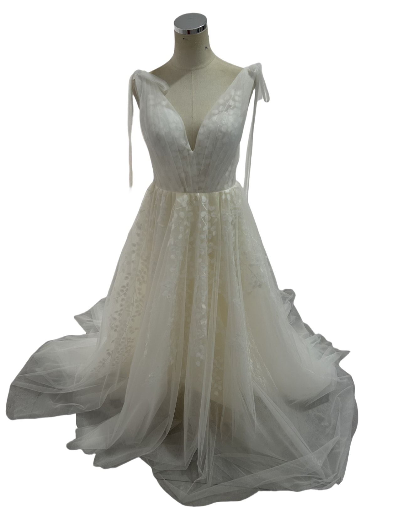 ウェディングドレス リーフ刺繍 肩のリボン Vネック ソフトチュール披露宴/結婚式