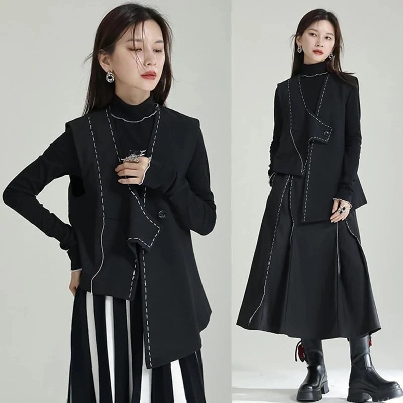 【J.Fashion】 春 ス今週の割引は 25% オフですーツベスト ラインデザイン ワンボタン 不規則ブラウス ベスト スカートも店で購入可能 メガ割