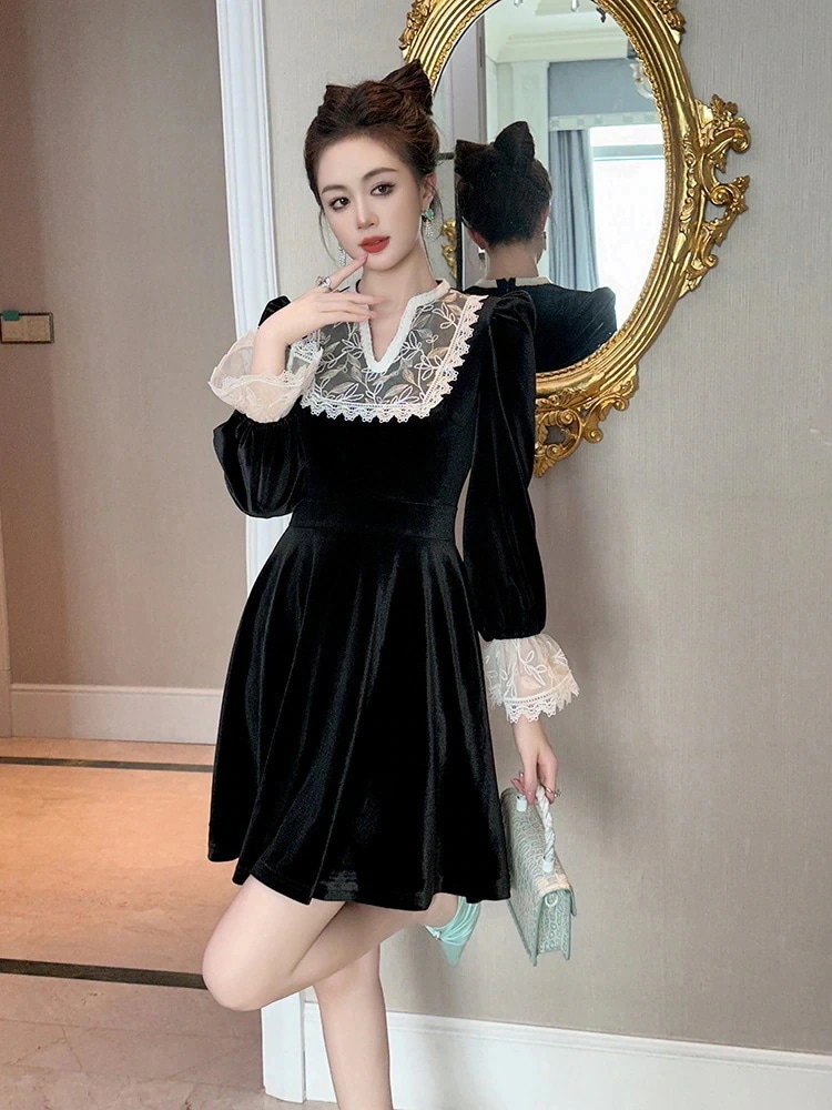 Vネック 二次会 パーティー 披露宴 キャバ ワンピース ベルベット ドレス 2026秋 ウェディング 演奏会 レースドッキング 結婚式 卒業式 同窓会 大人