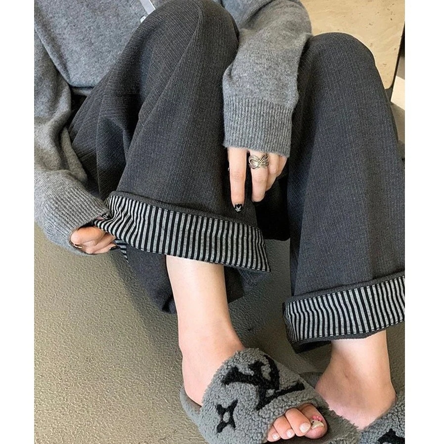 2025 秋冬新スタイルダークグレー素材ワイドレッグパンツ女性のカフスルーズスリムストレートカジュアルパンツ