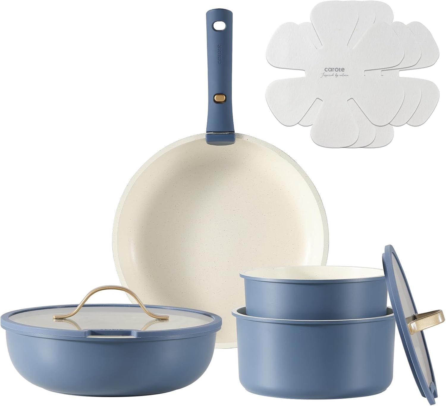 CAROTE カローテ フライパン セット10点 鍋セット IH・ガス火対応 PFOA PFOS フリー 取っ手のとれる マーブルコート くっつきにくい 洗いやすい 高級感ありのつまみ ブルー