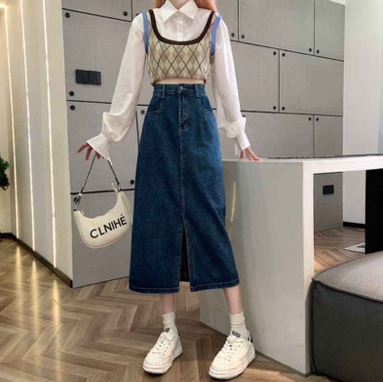 スカート デート デニムスカート ロング丈 プリーツ ハイウエスト デニム ブラック ブルー レディース 美脚 スリット 韓国 大人 上品 お洒落 主役級 存在感 無地 春 夏 秋 膝下10代 20代