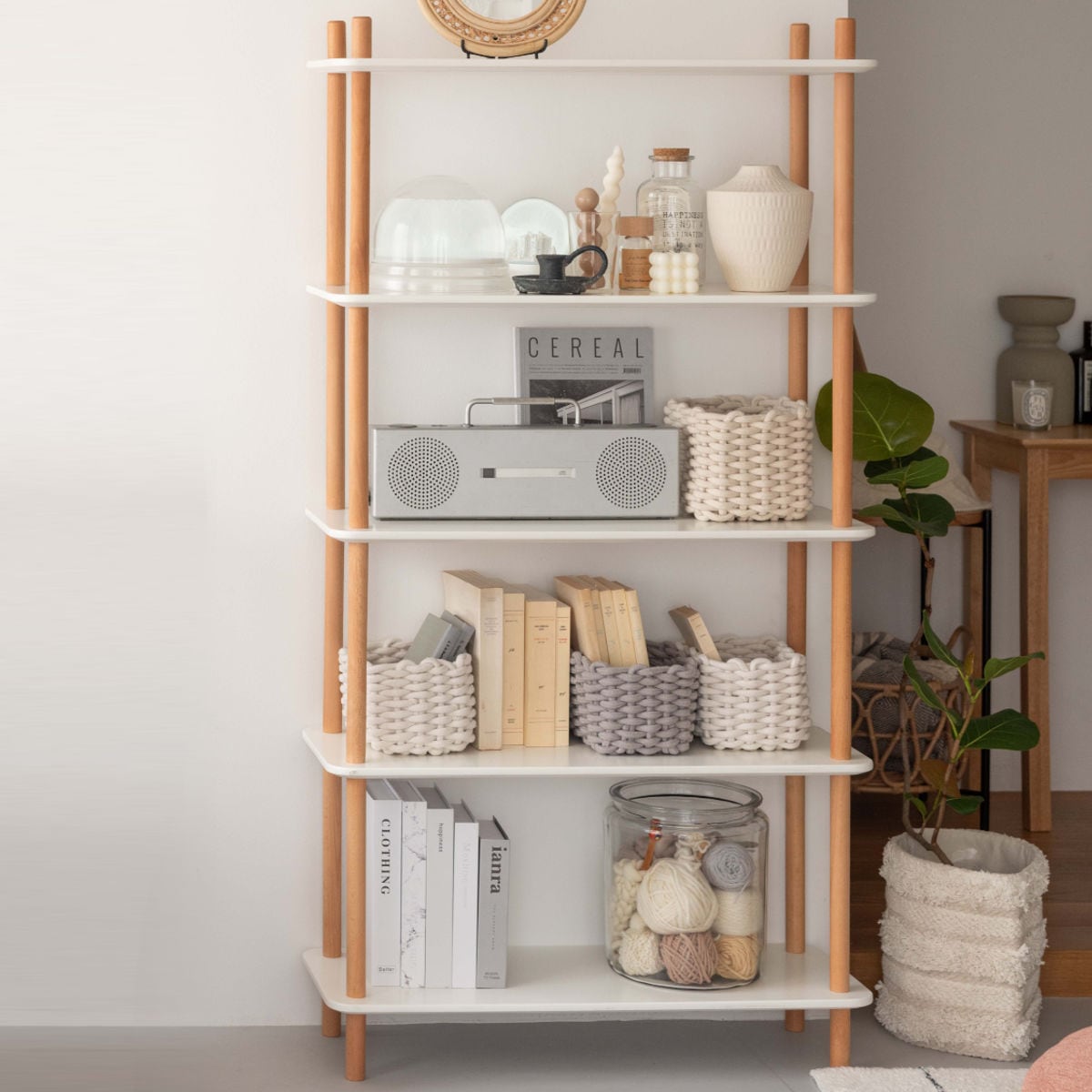 オープンラック 5段 簡単組立て 天然木フレーム 幅80cm ラック 棚 工具不要 収納 家具 天然木 シェルフ ウッドラック 木製 飾り棚 ディスプレイ 五段 ホワイト 白 ナチュラル