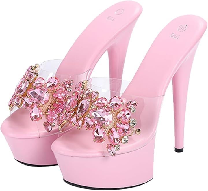 レディース ミュール パンプス 厚底 キラキラ ラインストーン 17cm サンダル キャバヒール おしゃれ 日本の靴のサイズ寸法 大人 数値 25.0(ピンク, 25.0 cm)