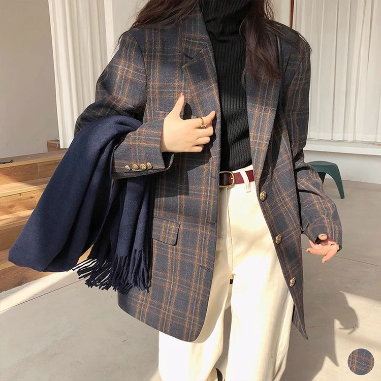 ジャケット レディース チェック柄 韓国 ゆったり テーラード 秋冬 秋 冬 セミロング丈 大人 おしゃれ シンプル ネイビー チェック 柄