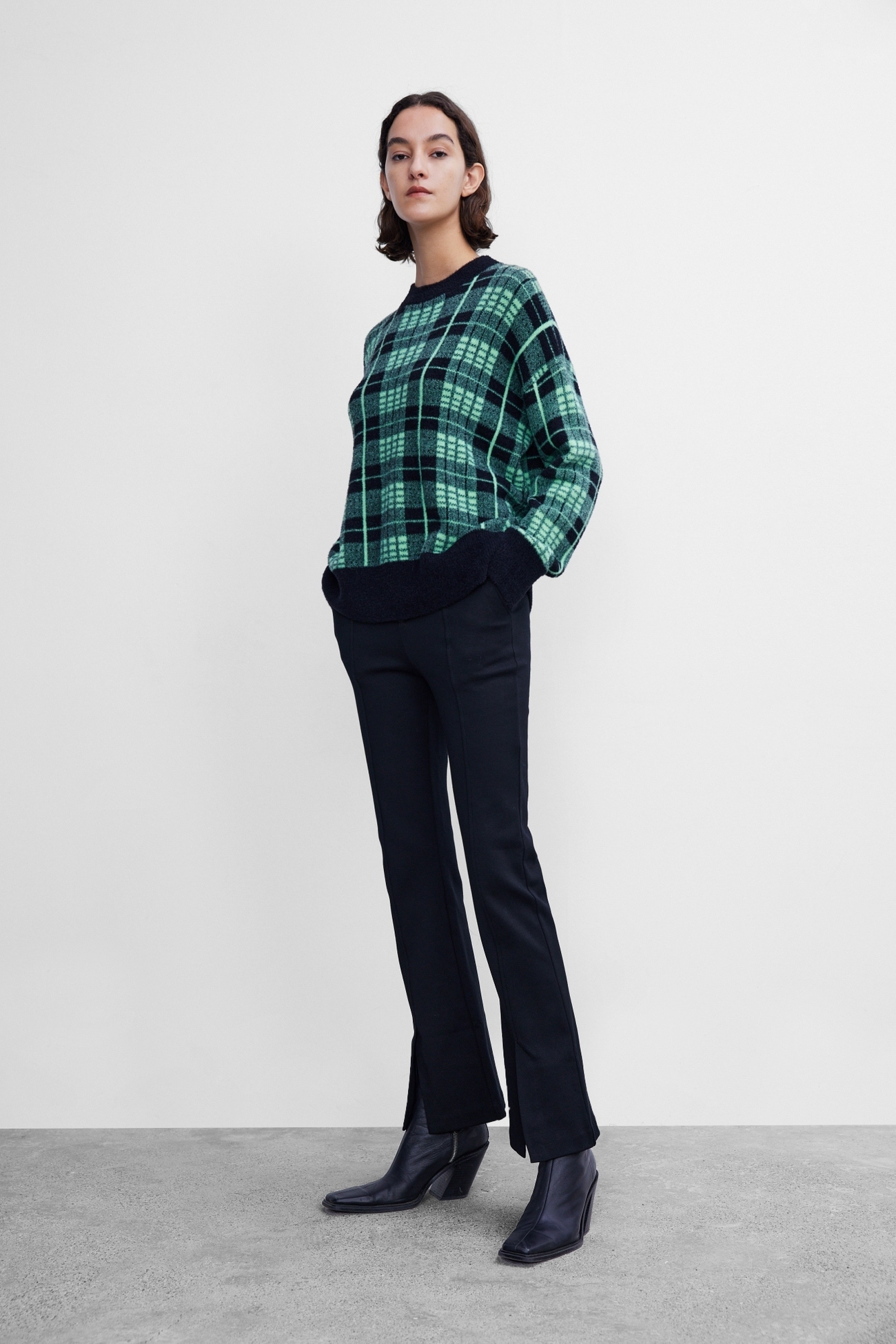 秋 冬 レディース レトロ ファッション チェック柄 ラウンドネック 長袖 プルオーバーセーター 個性的 グリーン S M L トップス ニットソー 袖あり 長袖 ラウンドネック かわいい 大人可愛い