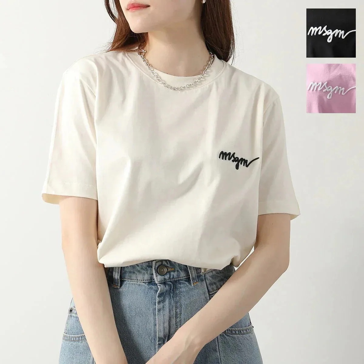 MSGM エムエスジーエム Tシャツ 2000 3241 3242 MDM540 レディース クルーネック 半袖 カットソー ロゴ刺繍 コットン カラー3色 【mega】