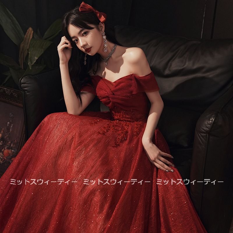 花嫁ドレス ロング丈 カラードレス 赤 レッド オフショルダー 結婚式 二次会 Aライン パーティー