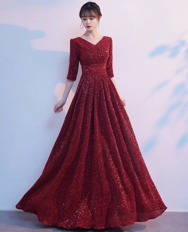 【新作】大きいサイズ 40代 ウエストマーク 袖あり 五分袖 3L ロングドレス ドレス 上品 ハイウエスト パーティードレス 結婚式 赤 お呼ばれ 演奏会 演奏会用ロングドレス 20代 ラメ Vネッ