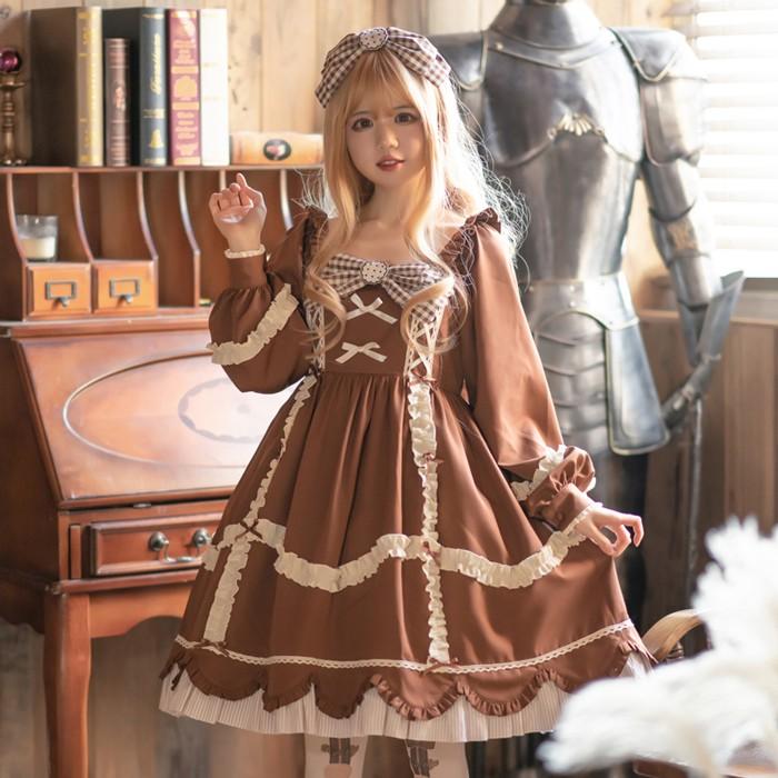 【人気製品 急速出荷】 ワンピース ロリータ ドレス コスプレ衣装 茶色 長袖 レトロ 中世紀 宮殿風 貴族風 リボン フリル 森ガール レディース 女の子 少女 ゆめかわいい
