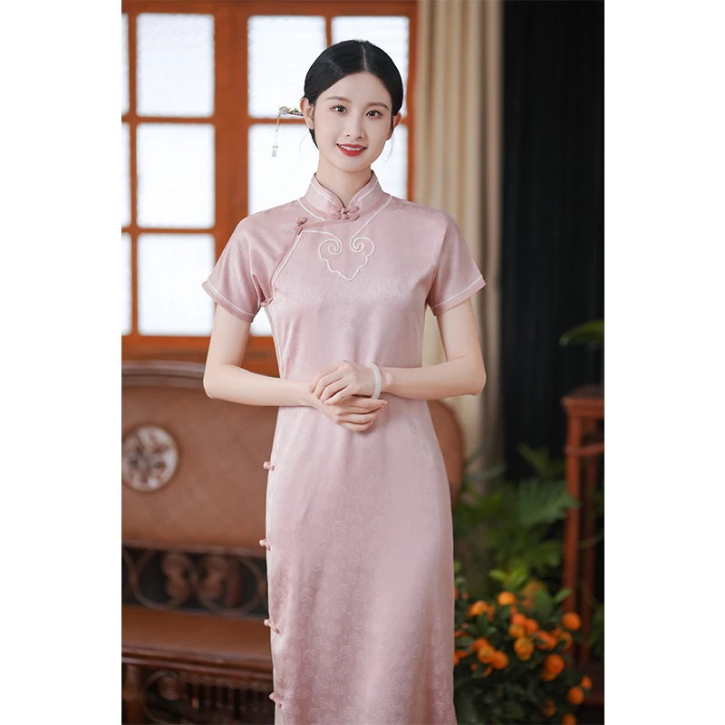 ワンピースドレスドレス古代チョンサム2025夏のピンクの若い女の子レトロ美しいスタイルの改善毎日のウェアラブル