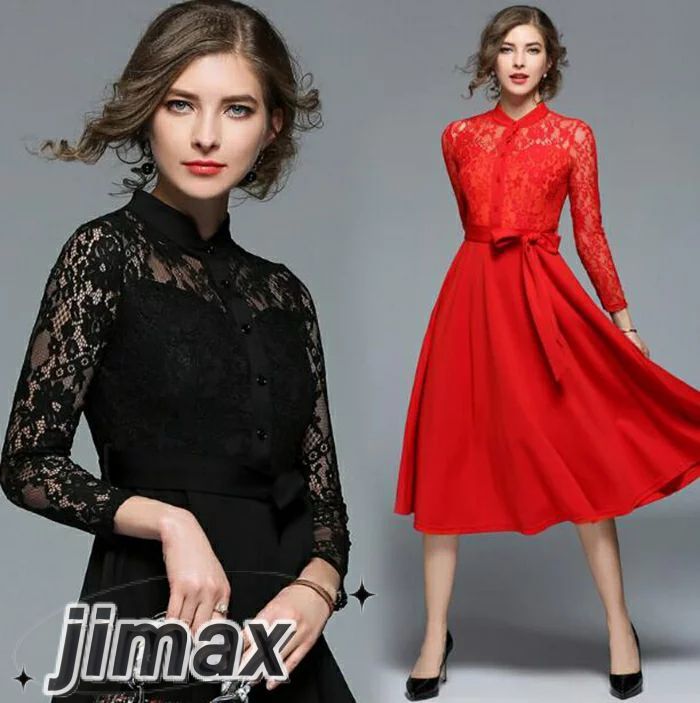 レース 切り替えフレアワンピース パーティードレス 結婚式 フォーマルドレス ミディアムドレス ツーピース 袖付き 袖あり フレアドレス ミモレ丈 ワンピ ドレス ワンピース パーティー パーティ レ