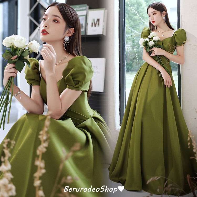 送料無料 イブニングドレス サテン ロングドレス グリーン パフスリーブ パール エレガント 発表会ドレス 緑 オシャレ パーティードレス 結婚式ドレス 二次会ドレス お呼ばれドレス ドレス コンサー