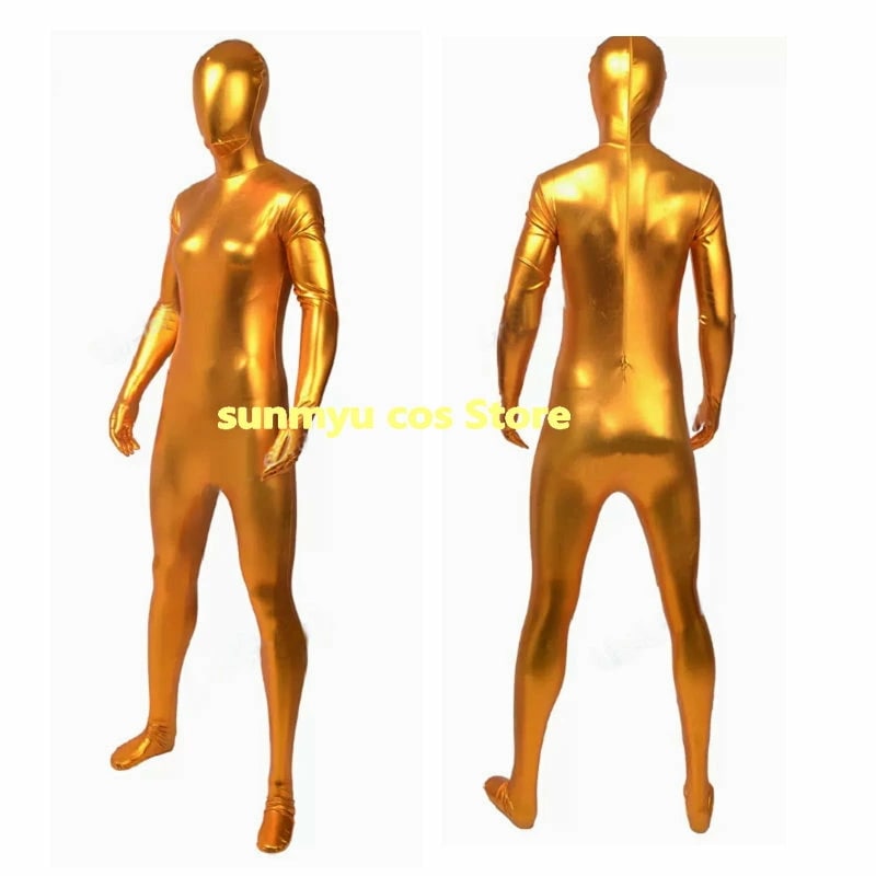 金色　ゴールドタイツ　男性女性兼用 ゼンタイ ZENTAI ボディースーツ 全体を完全に覆う着ぐるみ 全身スーツ ストレッチありコーティング生地 コスプレ衣装 オーダーサイズ