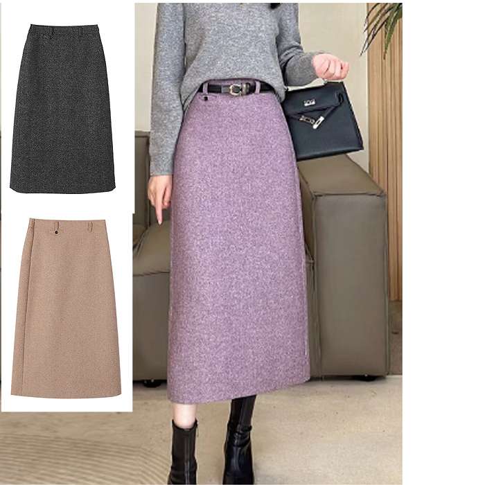 新规入荷続々 タイトスカート　ミモレ丈　後ろスリット　ひざ下丈　秋冬用　ビジネススカート　パープル　sk-2501-15