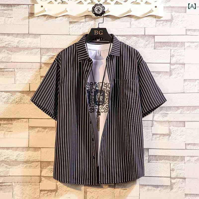 シャツ メンズ カジュアル ストライプ アメリカン トップス 半袖 シングルブレスト スタイリッシュ デザイン おしゃれ ファッション