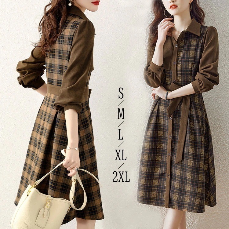 【2025新作】シャツワンピース レディース 秋冬 チェック柄 長袖 ロング レディース 切替 ロング きれいめ Aライン スカート ひざ丈 フレア ミモレ丈 ベルト 秋コーデ マキシワンピース 大人