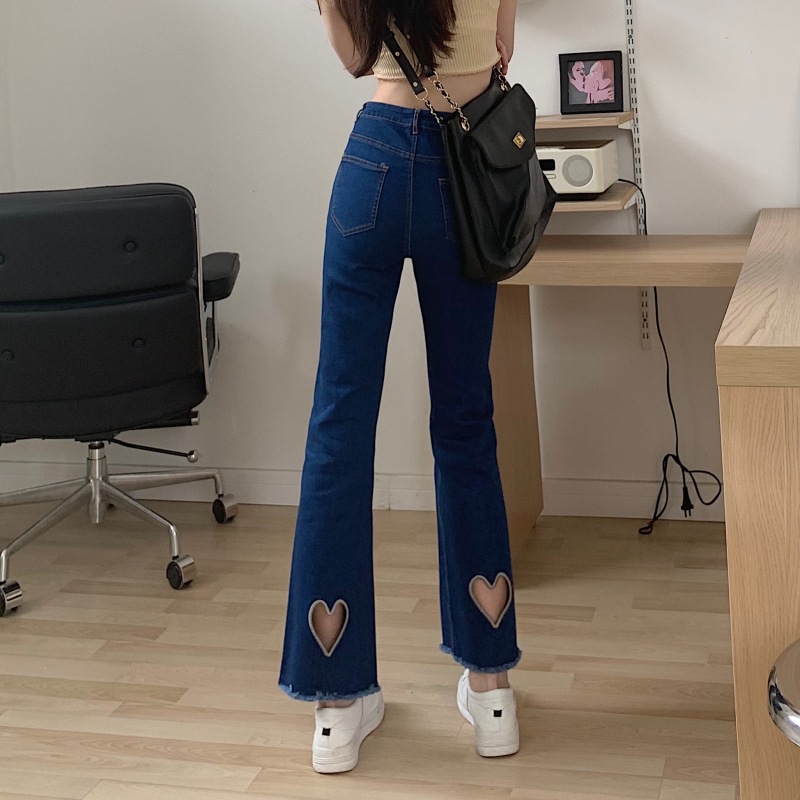 【送料無料】レディース デニムパンツ ハートマーク ハートカット フリンジ ブーツカット