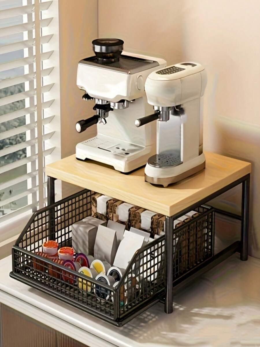 2段 木製&金属製 キッチンカウンター収納ラック ドロワー&ワイヤーバスケット付き コーヒーメーカー調理器具調味料の収納に