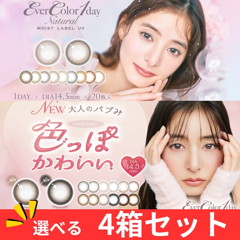 選べる【4箱セット】カラコン 1day エバー カラーワンデー ナチュラル / モイストレーベルUV (1箱20枚入) 度あり 度なし パールスノーグレー パールベージュ UVカット 新木優子