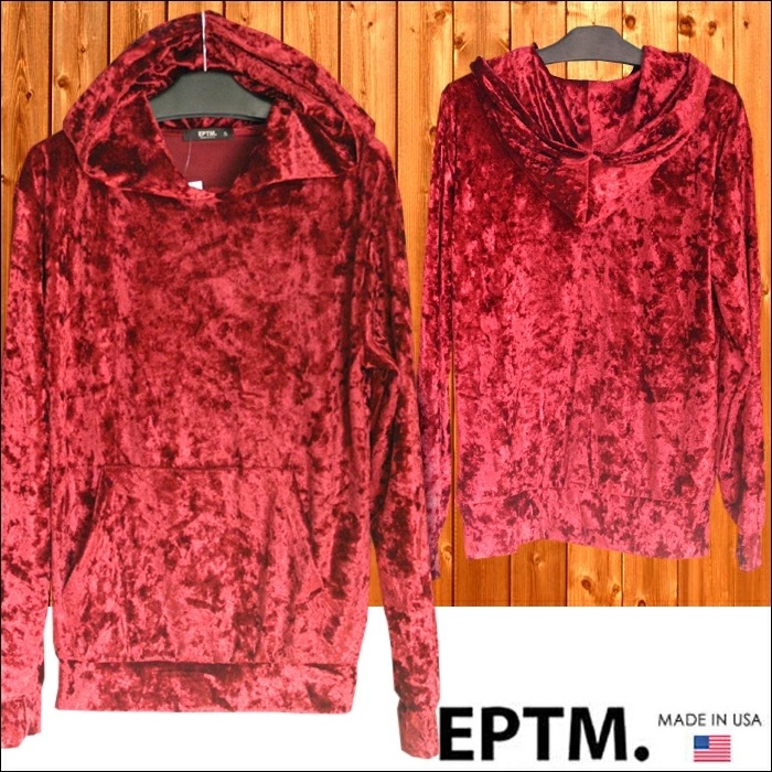 EPTM メンズ ベロア パーカー トップス バーガンディー エピトミ 丈長 無地 長袖 ストリート ブランド HIPHOP ウェアー B系 服 ダンス ヒップホップ ファッション カジュアル ウェア