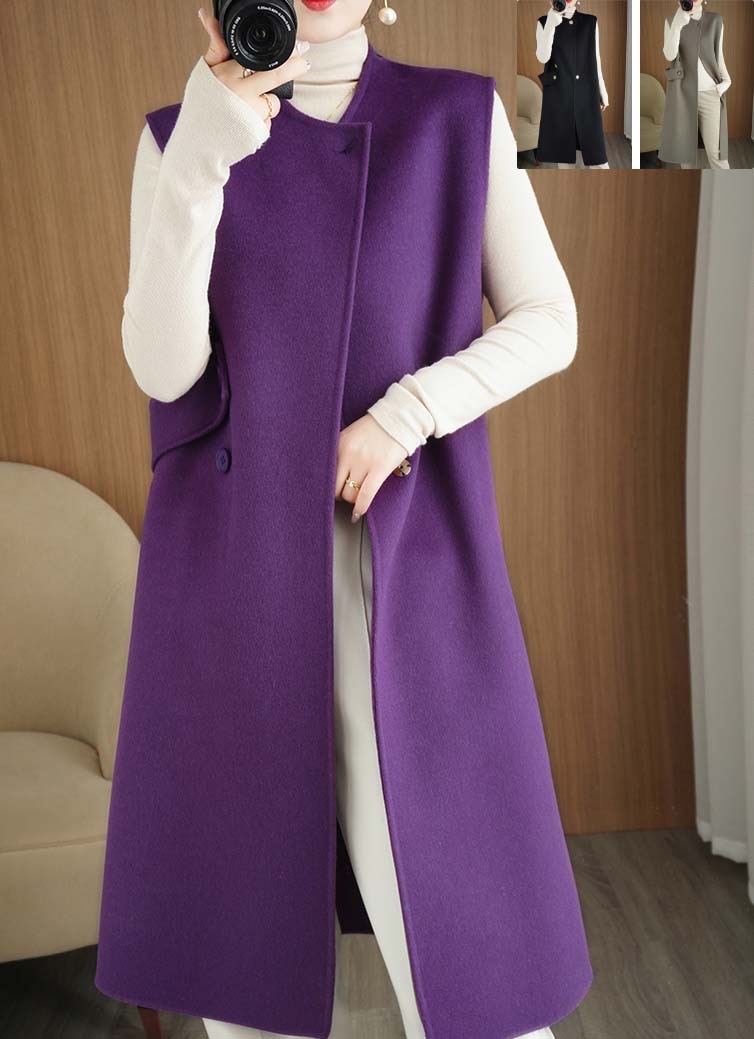 人気両面ウールベスト レディース 前開き ジレベスト トップス ロング レディース ロングジレ ラウンドネック ノースリーブ ウール ミモレ丈ベスト 秋冬 ベスト ３色 大きいサイズ ノースリーブ