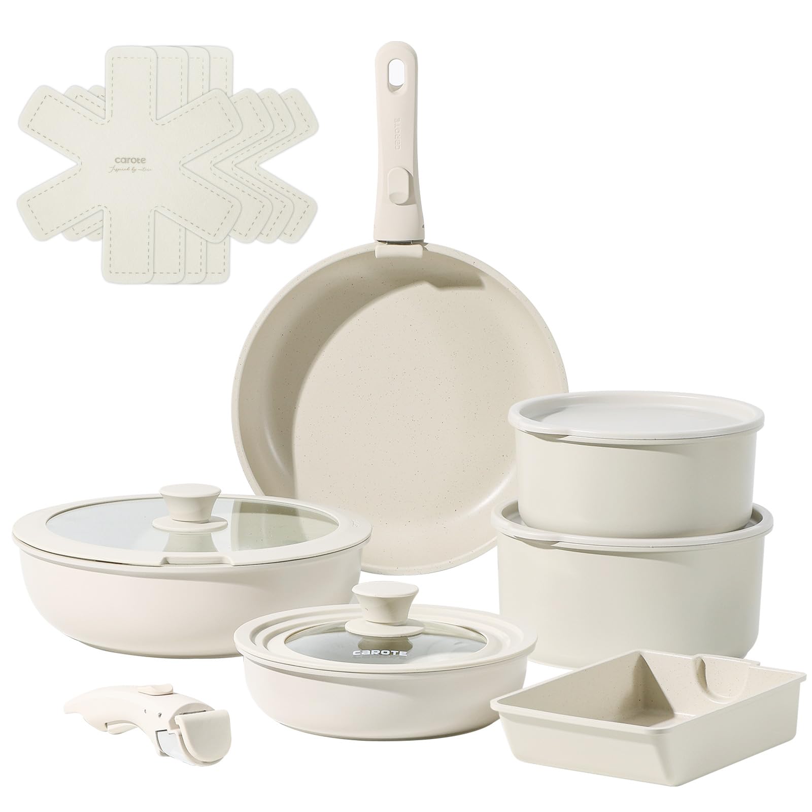 CAROTE カローテ フライパン セット 16点 IH対応 PFOA PFOS フリー 取っ手のとれる マーブルコート こびりつきにくい 手入れ簡単 一年保証 グレージュ COSY高級シリーズ