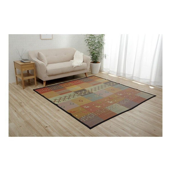 1030290240202 い草ラグ 裏ばり 花ござ カーペット ラグ 2畳 ギャッベ(ギャベ)柄 抗菌防臭 消臭 江戸間2畳 (約174×174cm) 裏:不織布 レッド メーカー直送