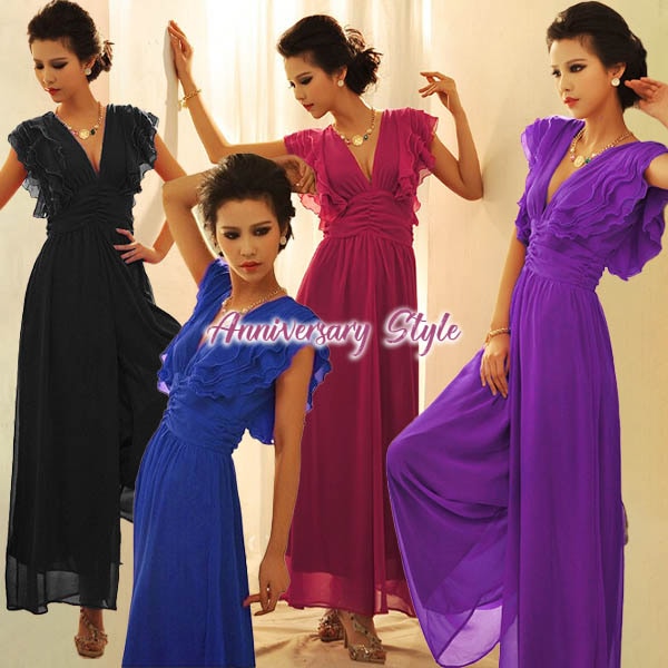 オールインワン ピンク パープル ブルー S M L 深Vネック 背中開き 即納 フリル 60128