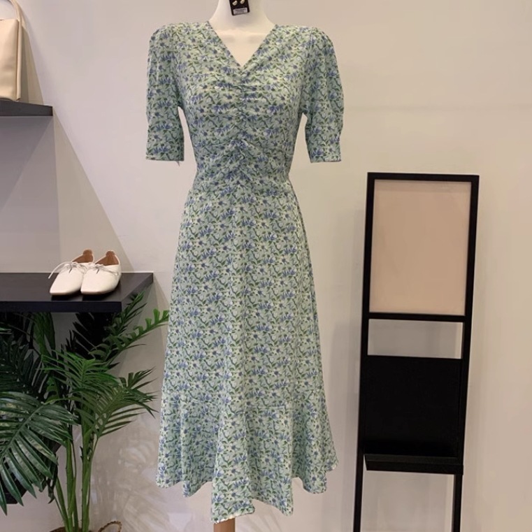 レディース スカート ワンピース ドレス ロングスカート 半袖 Vネック 襟なし スリム 細身 Aライン スマート フェミニン ハイウエスト 薄手 かわいい 大人可愛い きれいめ シンプル カジュアル