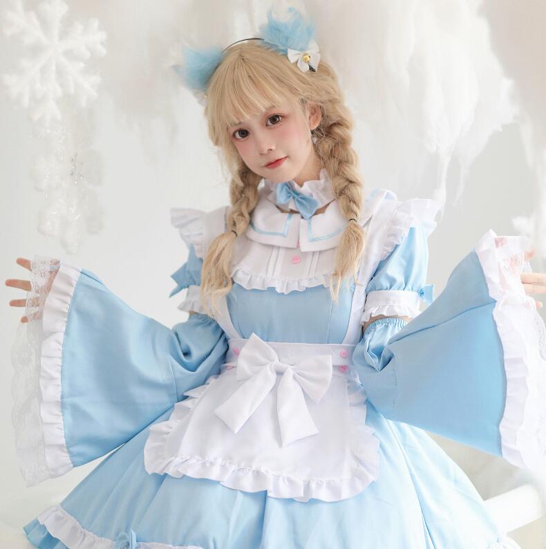 可愛いメイド服 メイドコスプレ 大人用コスチューム 半袖メイド服 振袖 付け袖 フリル ハロウィン衣装 ワンピース+エプロン+カチューシャ+付け袖+チョーカー+手首飾り ウェイトレスコスプレ メイド喫