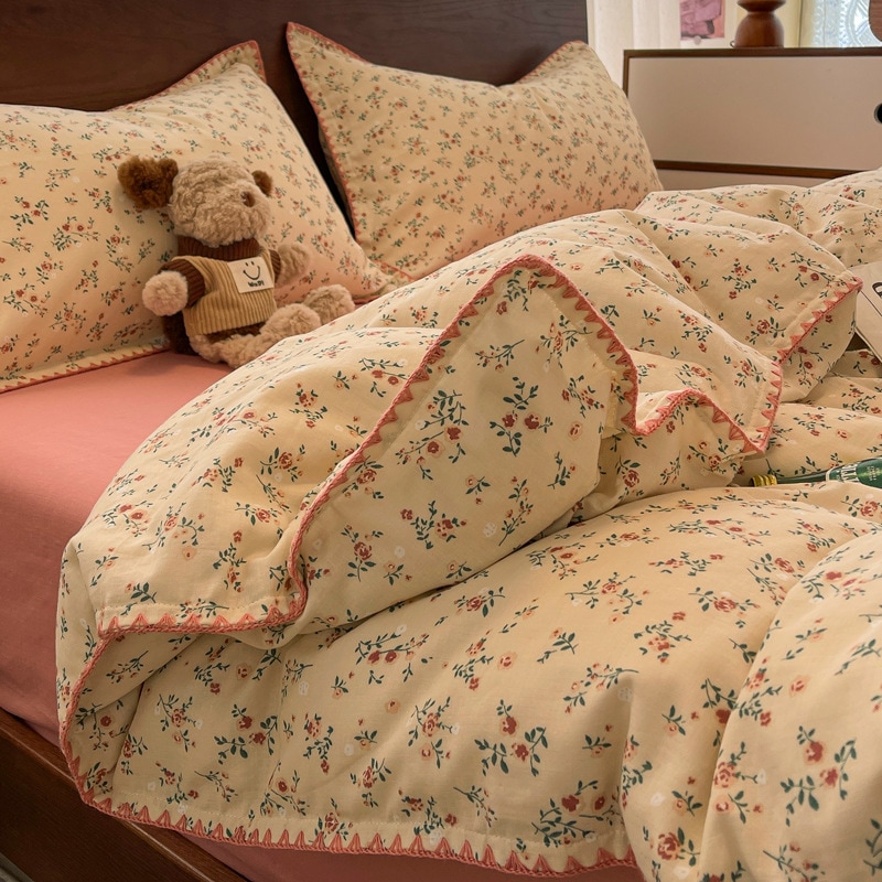 11 クラスa母親とベビーグレードフルコットンダブルレイヤー糸4ピースセットシェルエッジスモールフローラルキルトカバーベッドシーツベッド3ピースセット