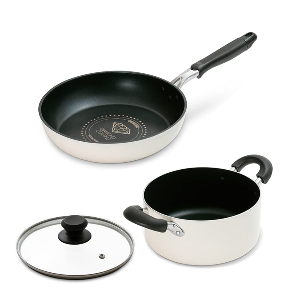 アイリスオーヤマ フライパン 鍋 フライパンセット 3点 IH対応 ガス火 ガラスふた 蓋つき フタ ダイヤモンドコート 両手鍋 セット 一人暮らし 2人 DCI-FR3S ホワイト