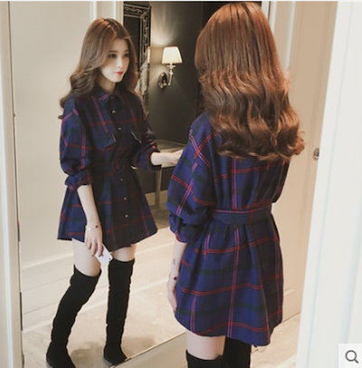 ワンピース シャツワンピース ミニ丈 長袖 チェック 春 秋 冬 ベルト ウエストマーク 前開き